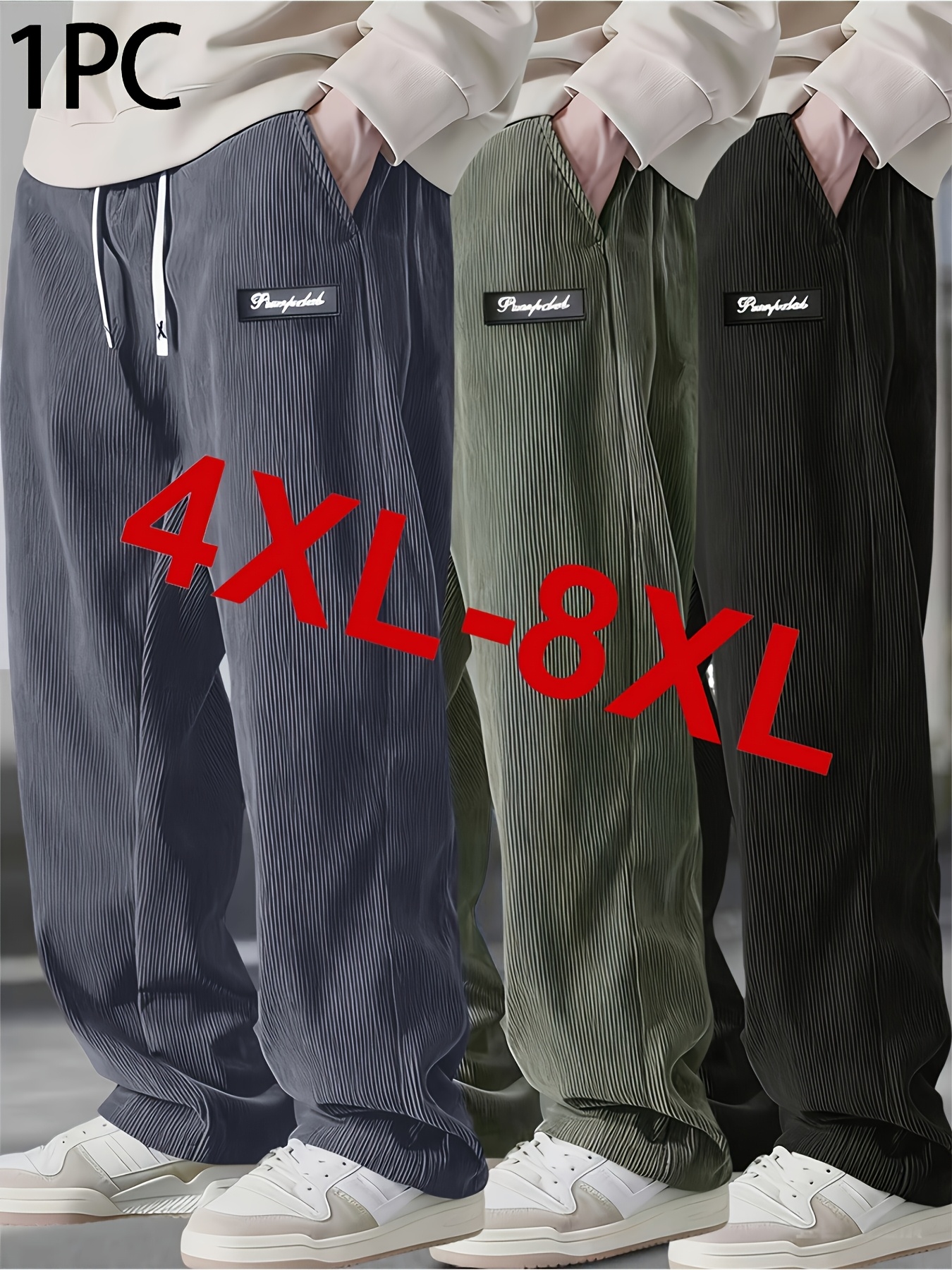 4xl 8xl plus size mens casual corduroy straight leg pants letter pattern drawstring waistband regular fit suitable for weekend streetwear and outdoor leisure activities plus size