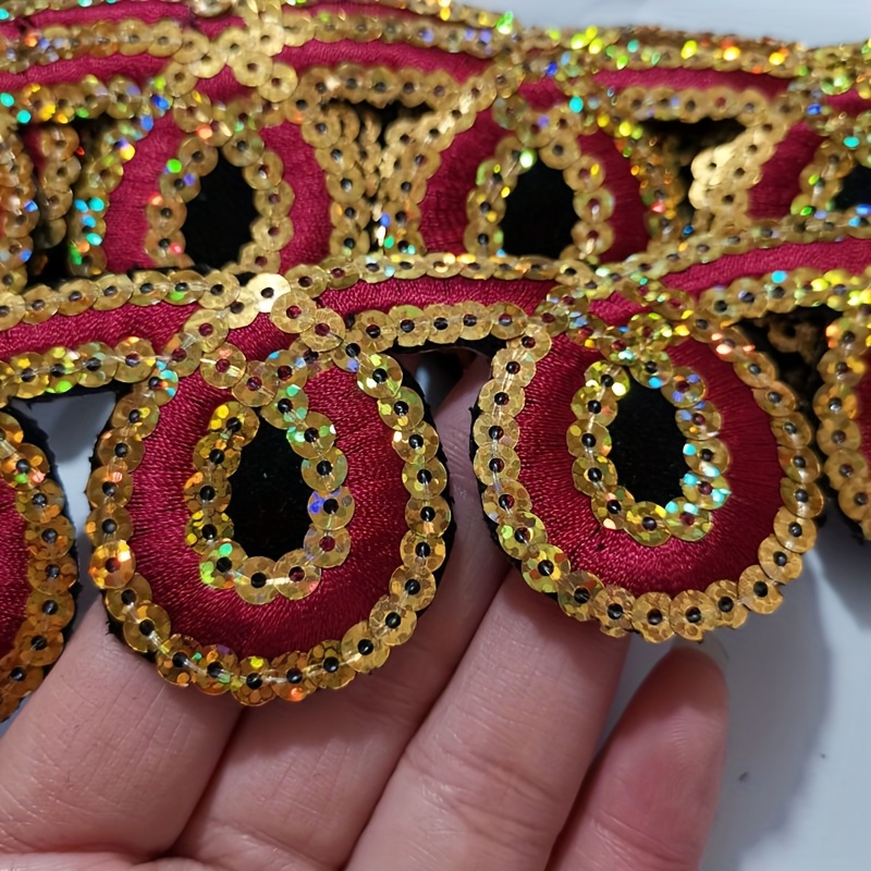 Sparkling Sequin Trim with Golden and Red Beads, Ethnic Style