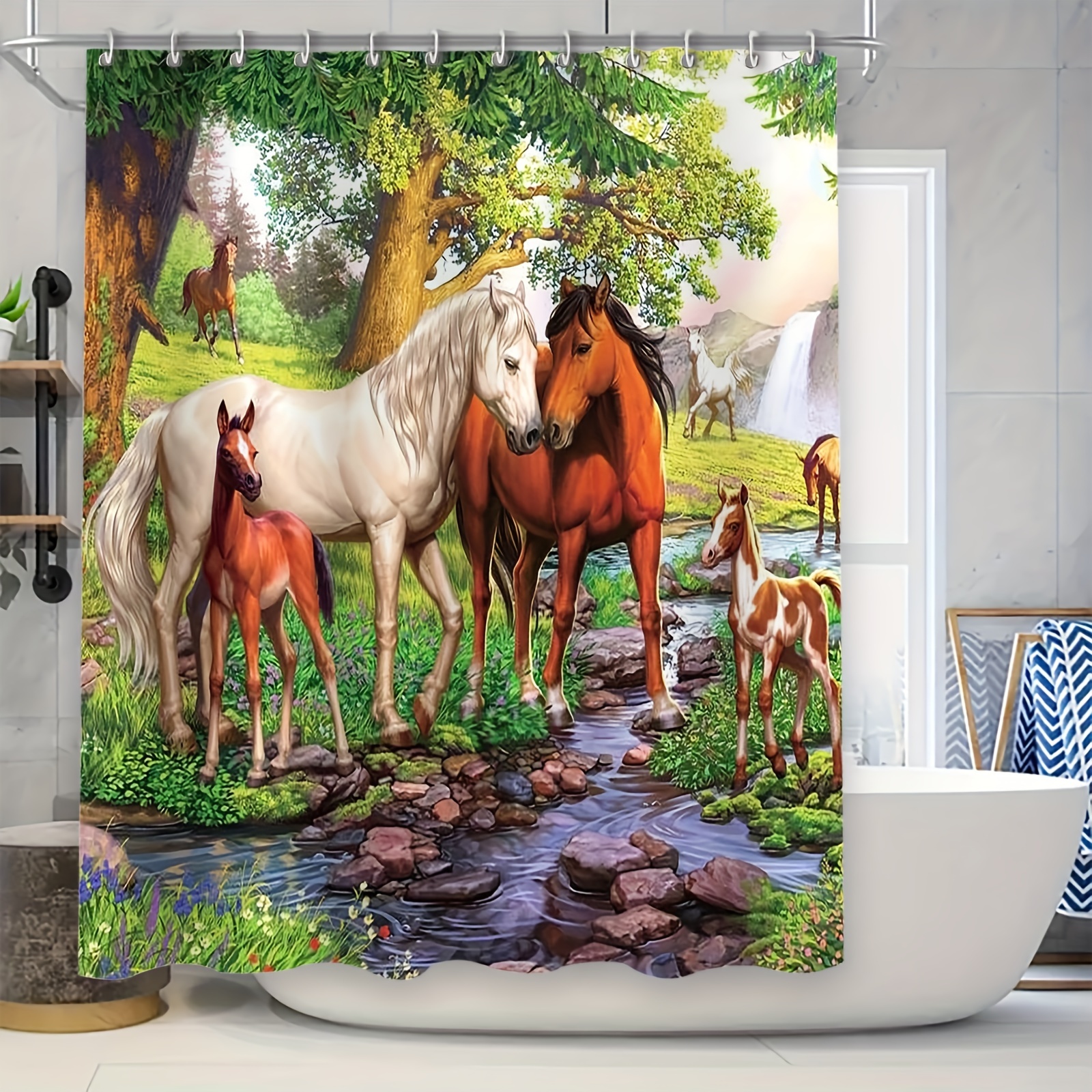 

Water-resistant Horse Themed Shower Curtain Set With 12 Eyelets, Fashionable Bathroom Partition Curtain, Mold-resistant Polyester Bath Curtain For Home Decor, Machine Washable, 70.8"x70.8