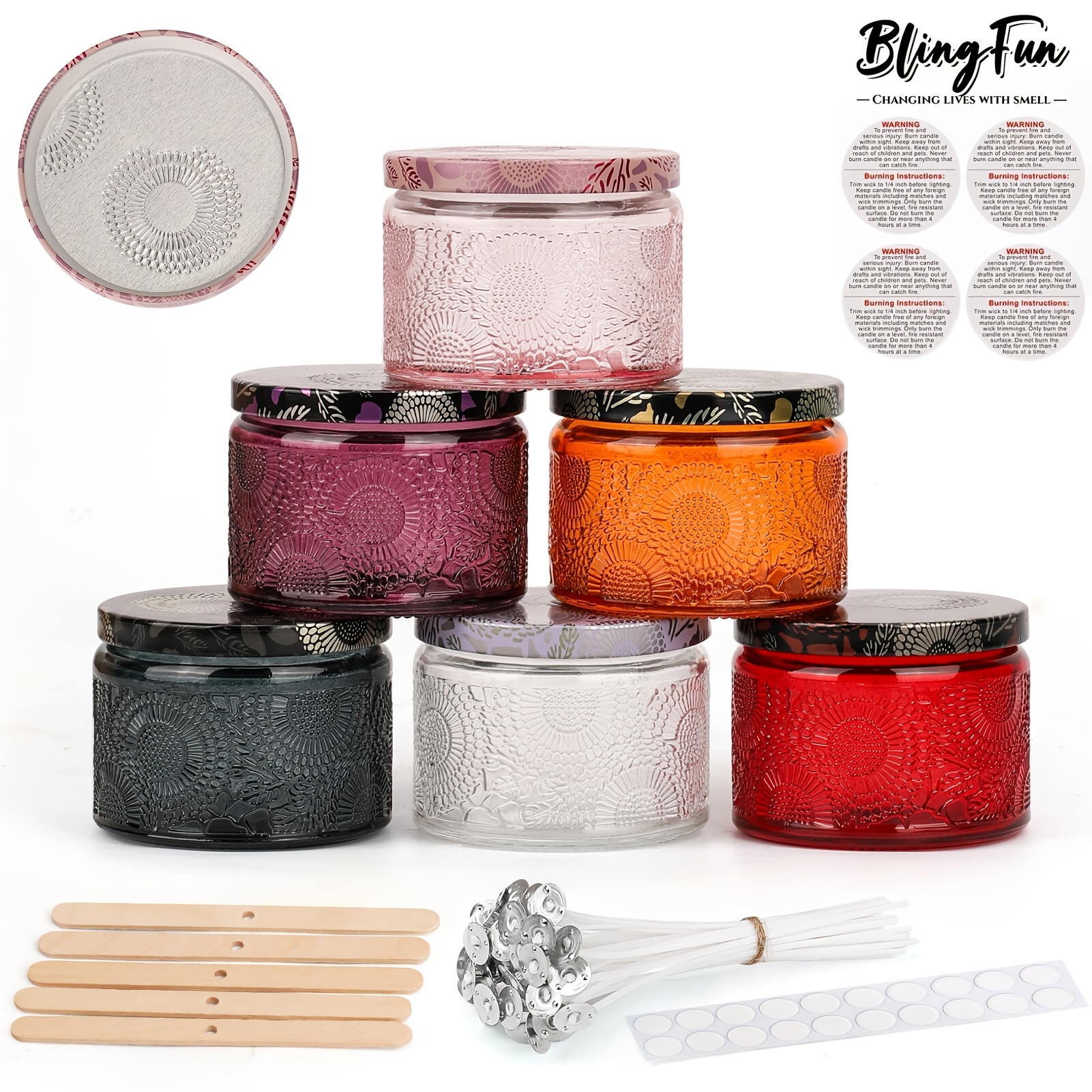 Blingfun 4oz Luxury Embossed Glass Candle Jars Set, 6pcs Round Glass Jars, With 20 Wicks, 20 Wick Stickers, 5 Holders. Perfect For Candle Making, Home Storage And Festive Gifting.