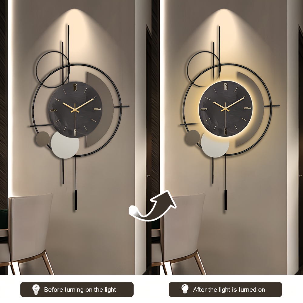 TEMU Large Wall Clock With Led Light - 33 X 19 Inch Modern Metal, Creative Irregular Shape Design, Decorative Clock Perfect For Living Room, Bedroom, Office And Dining Area