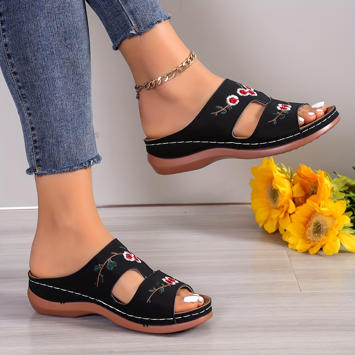 womens flower pattern wedge sandals casual open toe summer shoes comfortable slip on sandals details 2