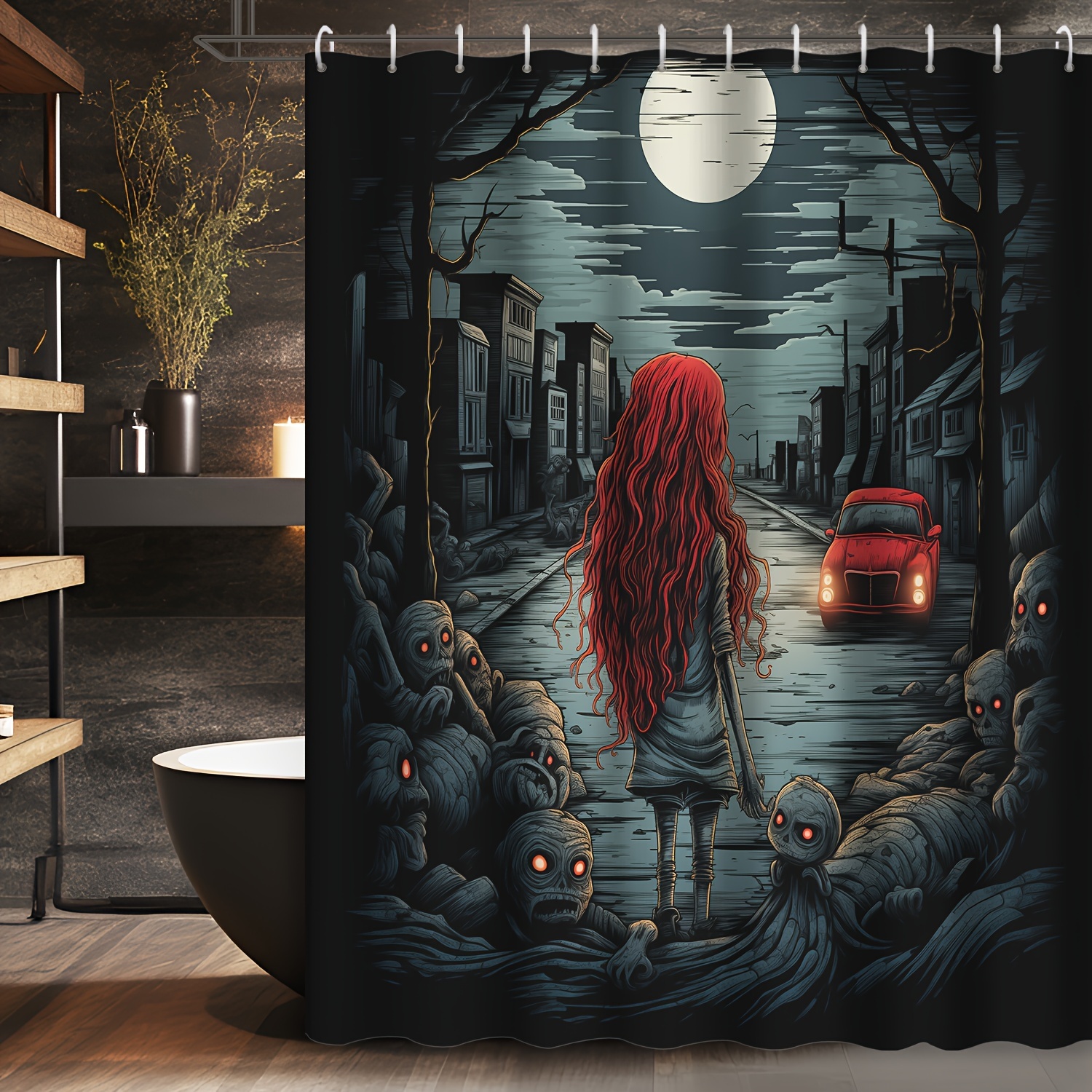 

Water-resistant Polyester Horror Themed Shower Curtain With Grommet Top, Machine Washable, Includes Hooks, Woven Zombie And Skeleton Design - 72x72 Inch For Bathroom Decor