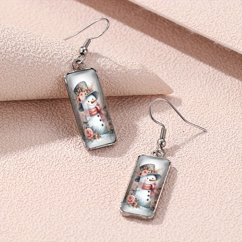 Floral Snowman Earrings, Square Glass Design