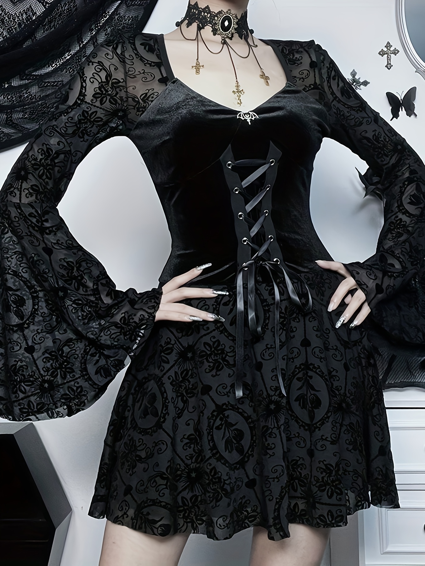 slim fit dress slacks Black Gothic Halloween Lace Wedding Dress with Chiffon Sleeves
