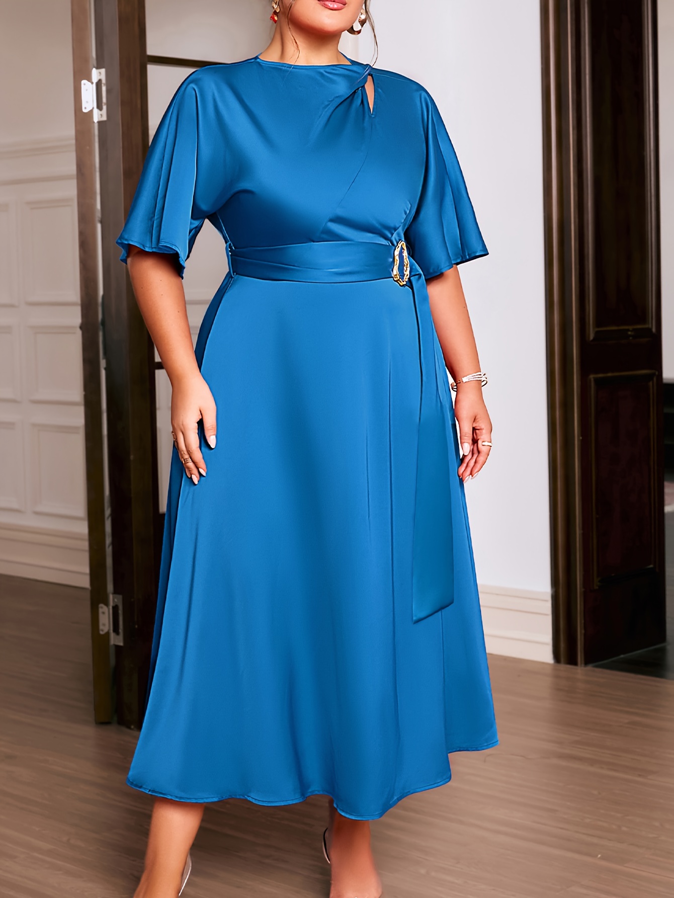 polyester spandex bridesmaid dresses Halley Fitted V Neck Stretch Satin Bridesmaid Dress with Slit