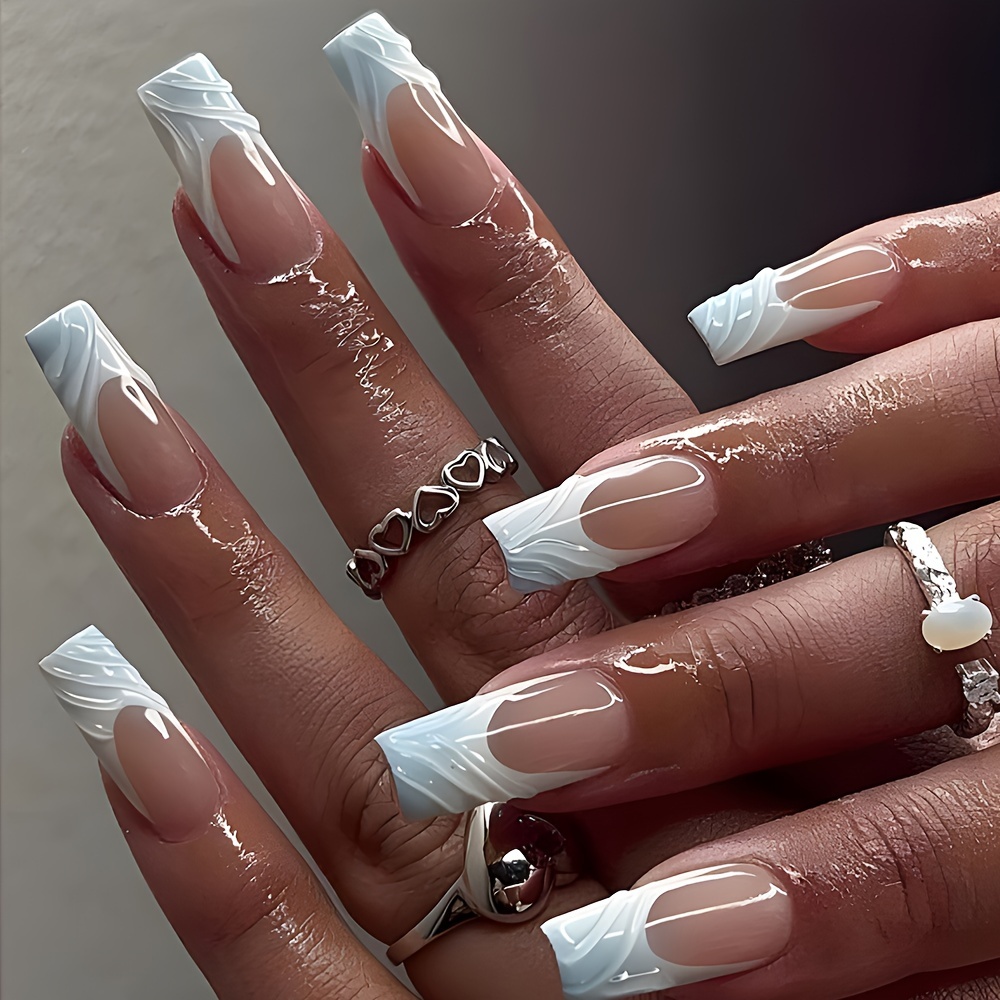 

24pcs Set White Press-on Nails With 3d - Medium , Full Cover Fake Nails For Women And Girls