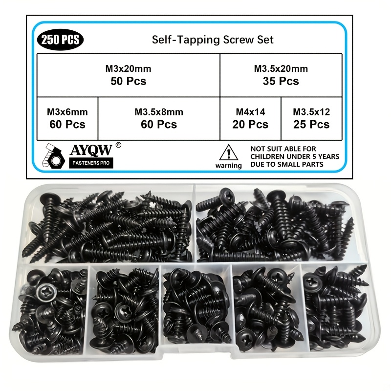 TEMU 250pcs Black Self-tapping Screw Set With Pads - M3, M3.5, M4 Sizes - Durable Carbon Steel Phillips Head