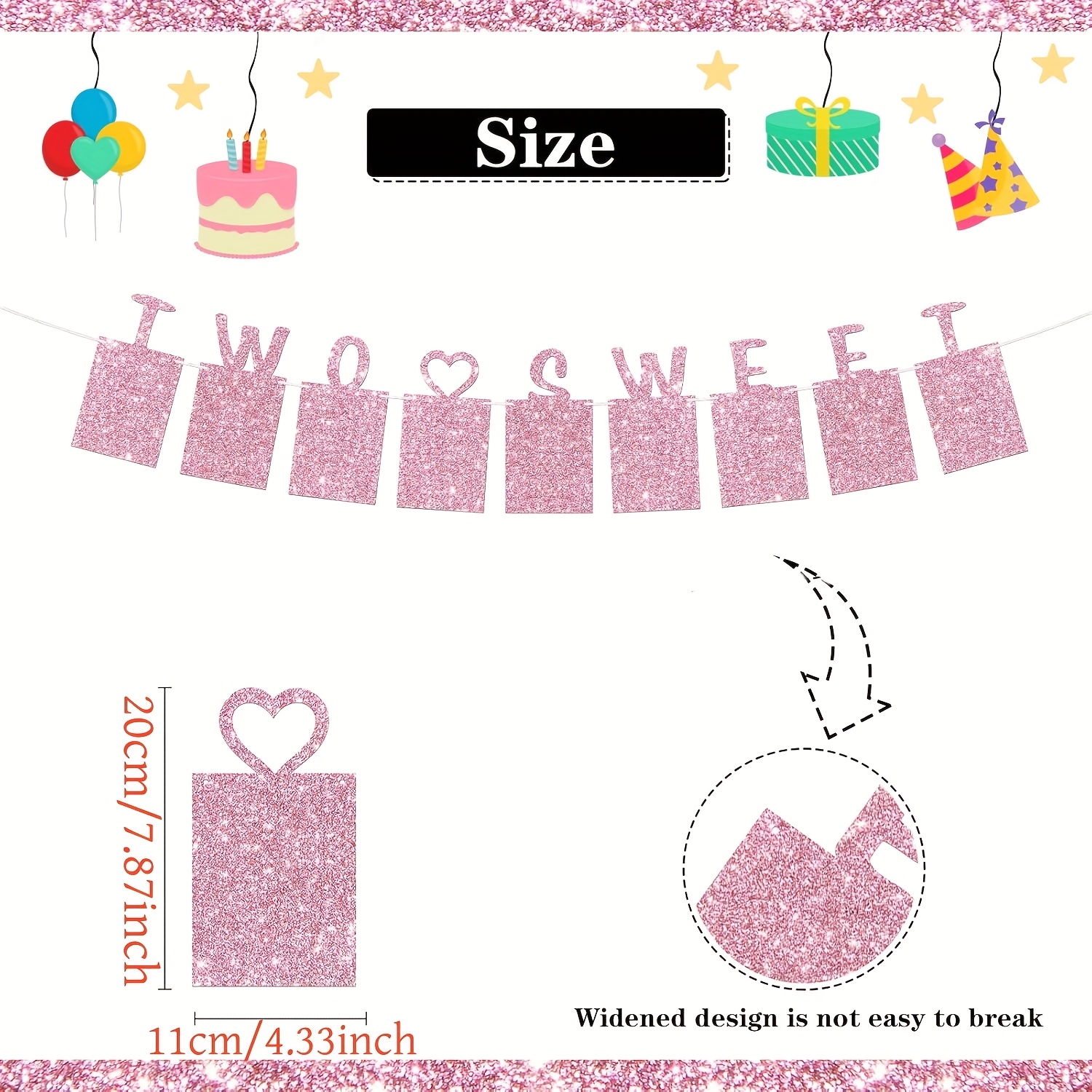 Image of 2 Sweet Photo Pink Glitter Banner - 2nd Birthday & Anniversary Party Decorations With Balloon Arch, Photo Banner For Girls, Birthday Party Decoration