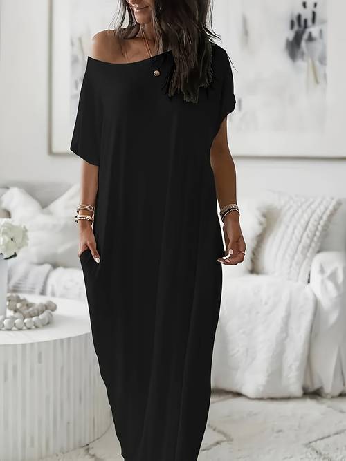 womens solid color slightly stretchy polyester fabric large round neck short sleeve long nightgown