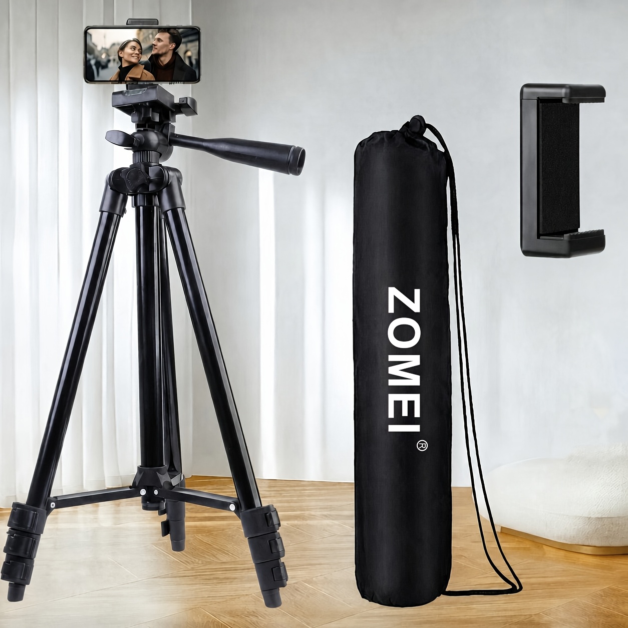 TEMU Trépied portable en alliage d'aluminium de 50,6 pouces, équipé d'une pince pour téléphone et d'un sac de rangement, idéal pour l'enregistrement