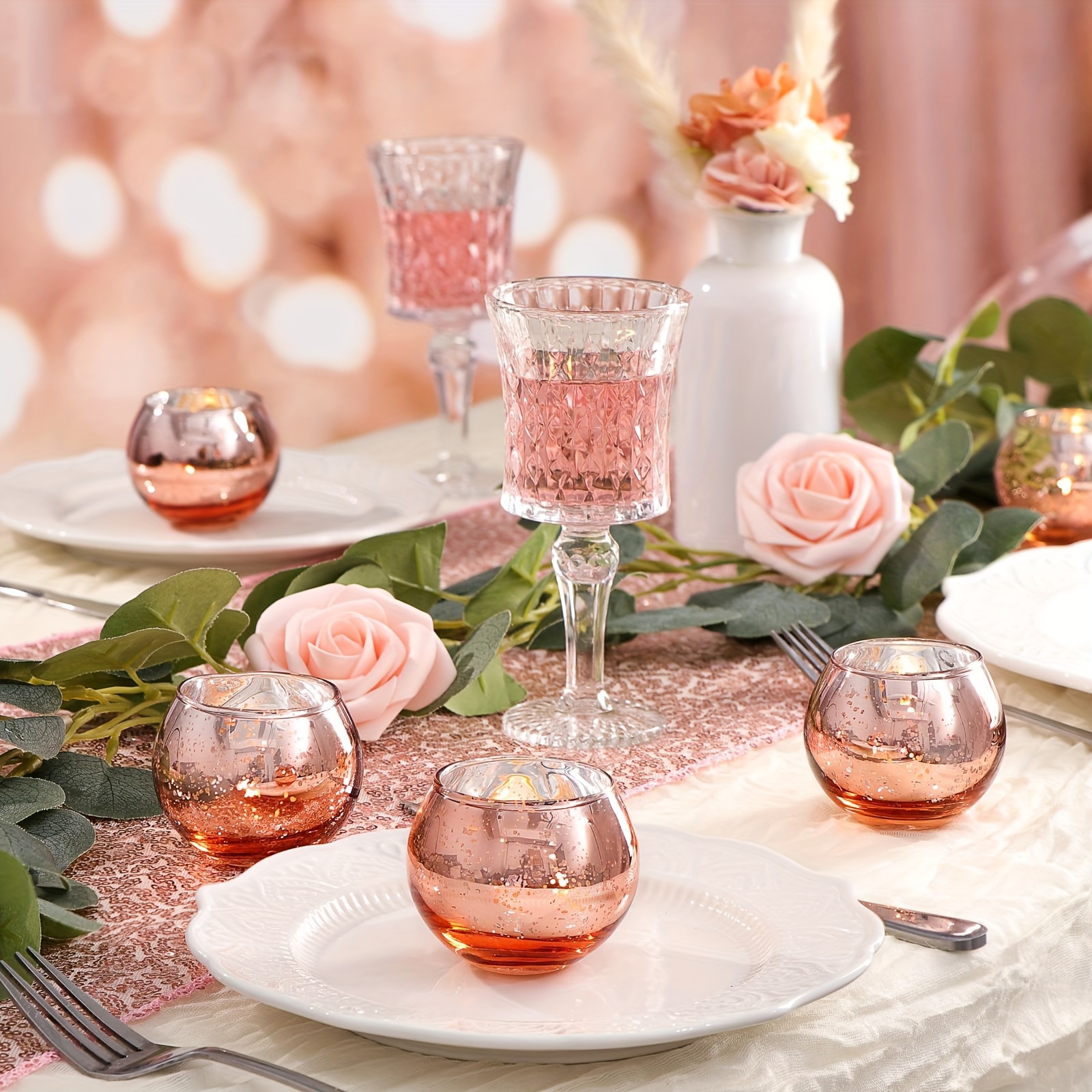 24 Pcs Votive Candle Holders, Pink Glass Candle Holders Bulk For Table