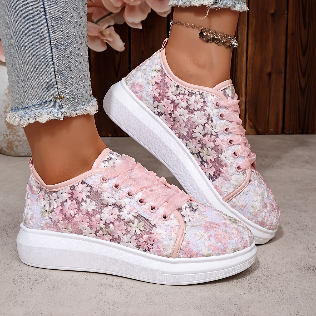 TEMU 1 Pair Women's Fashion White Floral Lace Ribbon Mesh Breathable Sports Shoes Suitable For Walking, Travel, And Casual Wear, Soft Sole Design,