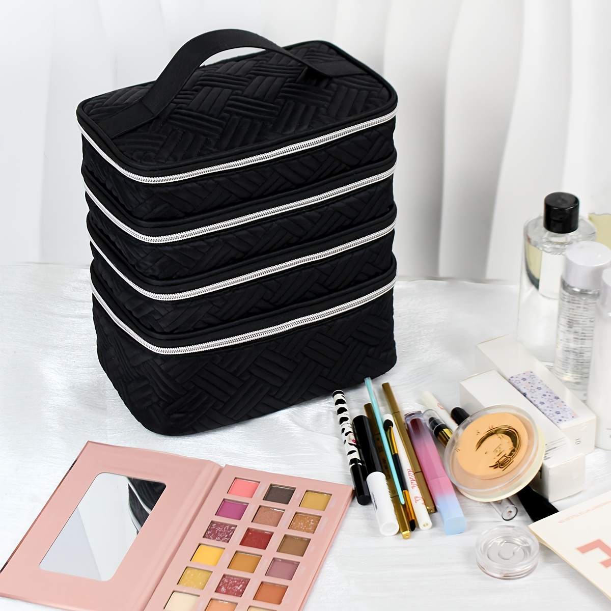E-shop Einfache und stylische Kosmetiktasche aus schwarzem, besticktem Stoff mit extra großem Fassungsvermögen, multifunktionale, vierteilige