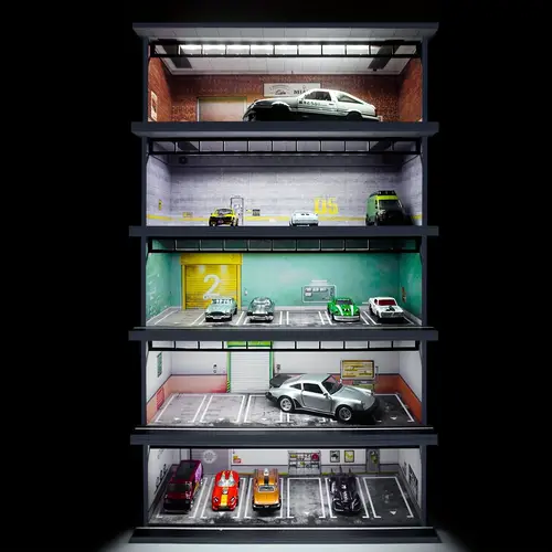 1 64 scale led lit diecast car display case with acrylic cover 6 slot parking garage diorama realistic brick wall workshop decor for collectors model enthusiasts collectible showcase detailed diorama diorama showcase