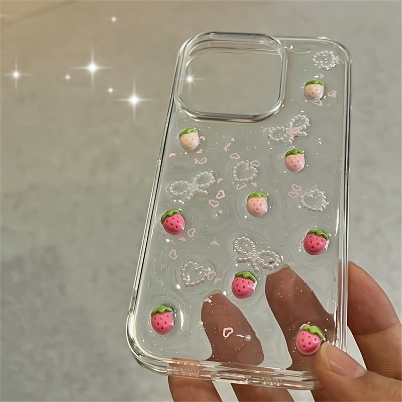 

3d Glitter Pearl Strawberry Phone Case For Iphone Models 16, 15, 14, 13, 12 Plus 11, Featuring A Cute Bowknot Design, Cover, And Epoxy Love Heart Sequins, Perfect As A Gift.