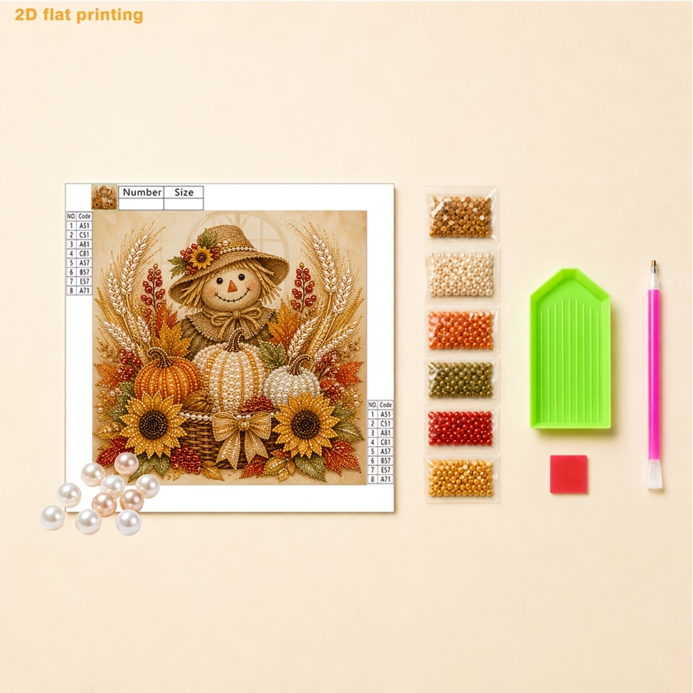 TEMU Diy Pearl Art Painting Kit - , Pumpkin, And Sunflower Design, Includes Round Pearls, Shiny Gems, Clear Symbols, Full Set Of Tools, And Extra