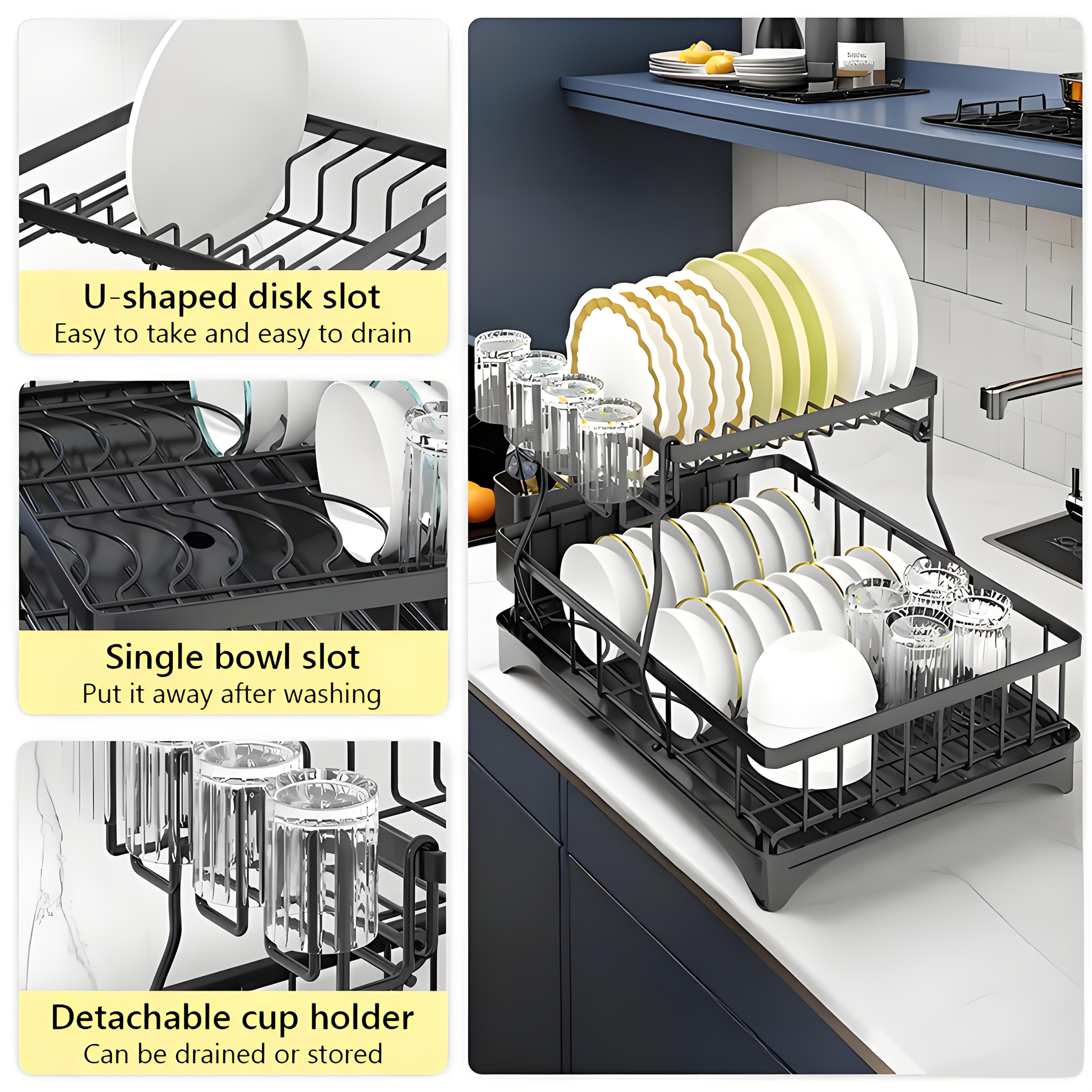 heavy duty stainless steel dish drying rack space saving two tier countertop organizer with 360 drainage system plate bowl cup utensil holders compact sink rack for modern kitchen easy to clean dish drying rack for kitchen counter clean dish storage   water drainage   cleaning system Product details 5