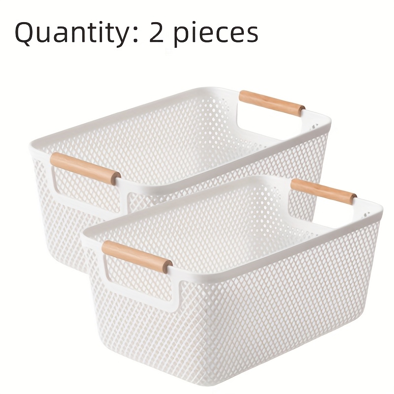 TEMU 2 Paniers de Rangement en Plastique avec Poignées en Bois - Multifonctionnelle, Adaptés pour de Bain, et le Rangement Extérieur | Boîte de