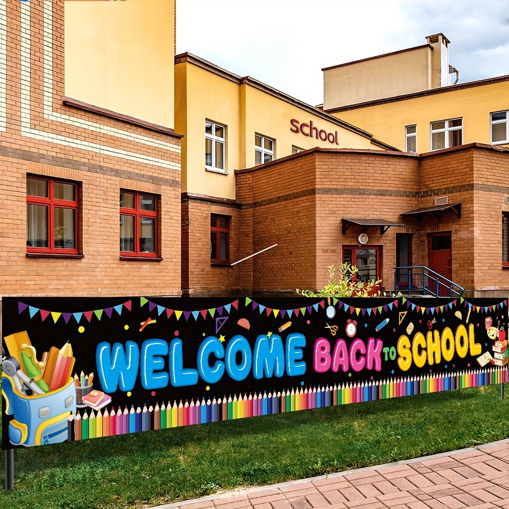 

1pc, Welcome Back To School Large Decorative Banner, Polyester First Day Of School Yard Sign Teacher Hanging Background Outdoor Garden Fence Balcony Interior Decoration 118x19 Inches