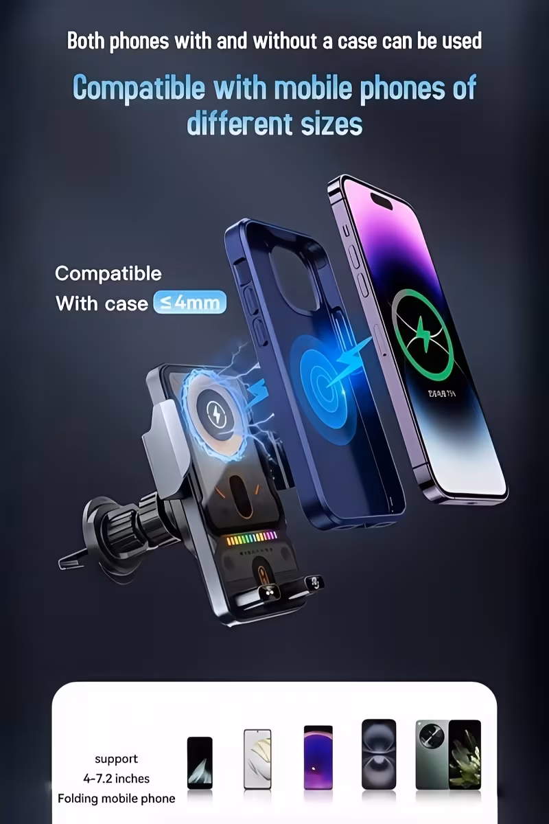 2025 new model car fast charging wireless charger universal phone holder can rotate for horizontal and use with ambient light supports charging wireless charging phones details 4