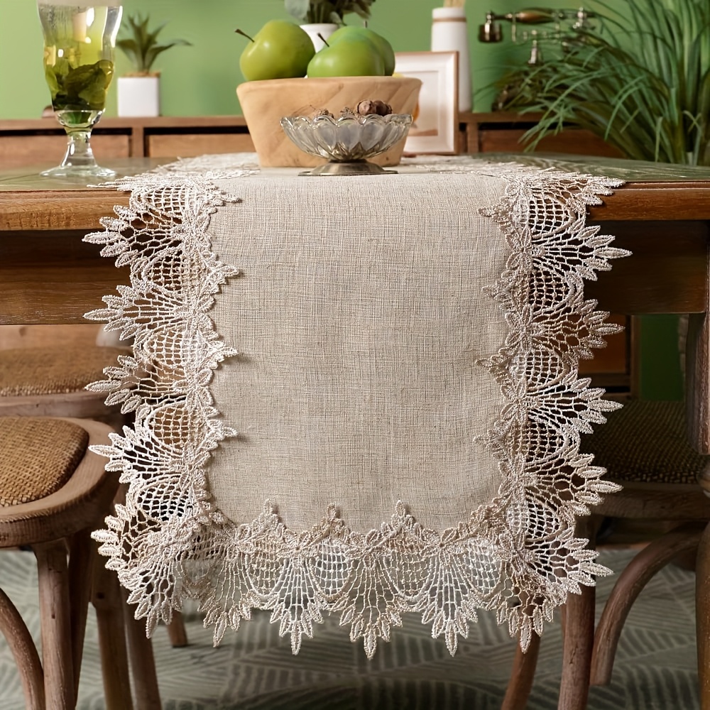   Polyester Material with a Country-Style Aesthetic, Featuring Beige Lace Lace Tablecloth with Decorative Lace Lace. Suitable for Kitchen, Dining Room, Coffee Shop, Outdoor Festival   And Parties.