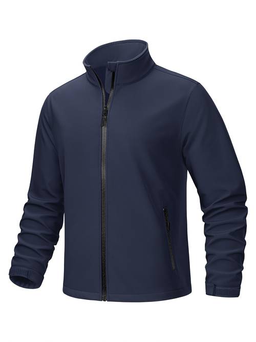 mens lightweight wind resistant fleece lined softshell jacket breathable midweight thermal design with a stand collar adjustable elastic cuffs drawstring hem and three zippered pockets ideal for snow during hiking camping travel cycling
