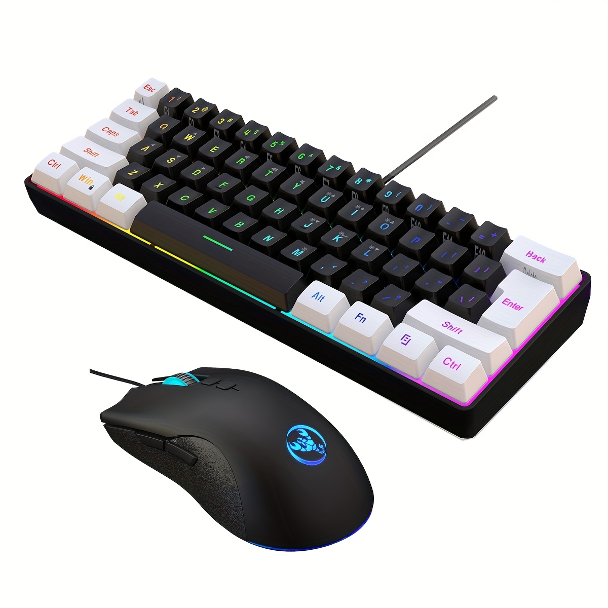 Image of Hxsj Mini 60% Wired Keyboard And Mouse Set With 61 Keys, Injection Molded Keycaps, Color Backlit Optical Mouse, Usb Plug And Play, Suitable For Home And Office Games