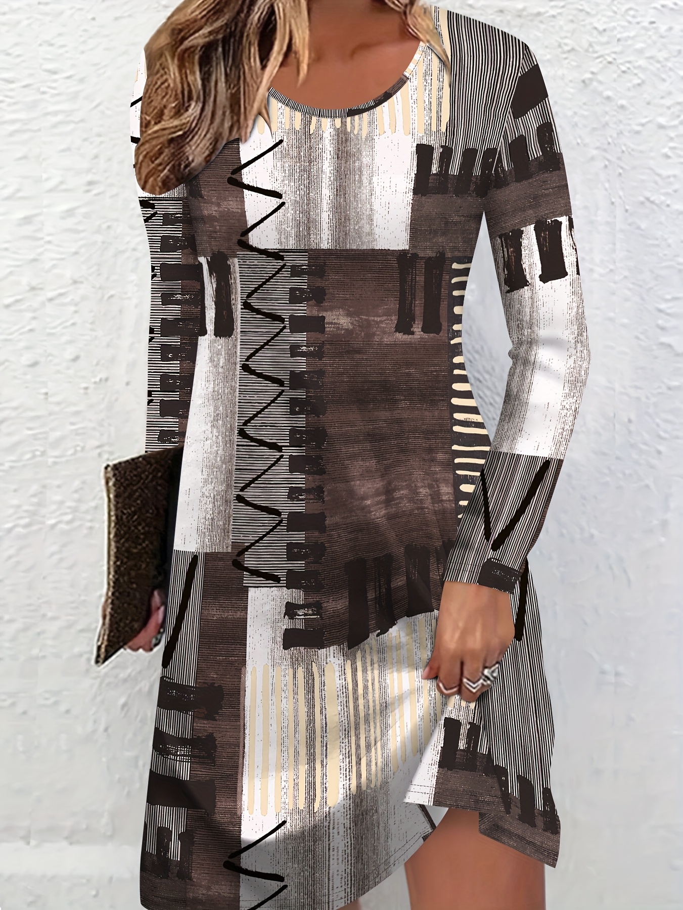 2* Elegant Vacation Abstract Painting Color Block Geometric Full Print  Breathable Round Neck Long Sleeve T-Shirt Dress Fall Winter New Casual Long  Sleeve Dress Women'S Top *-Length A-Line Dress
