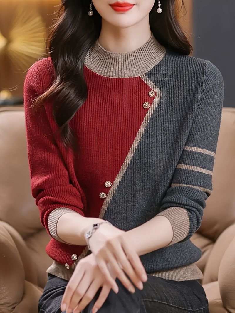 New Korean-Style Color-Blocked Half-High Neck Sweater for Spring, Autumn, And Winter 2025, Featuring a Loose Fit And Stylish Design, Perfect for Layering. Soft And Versatile Long-Sleeve Top for Women