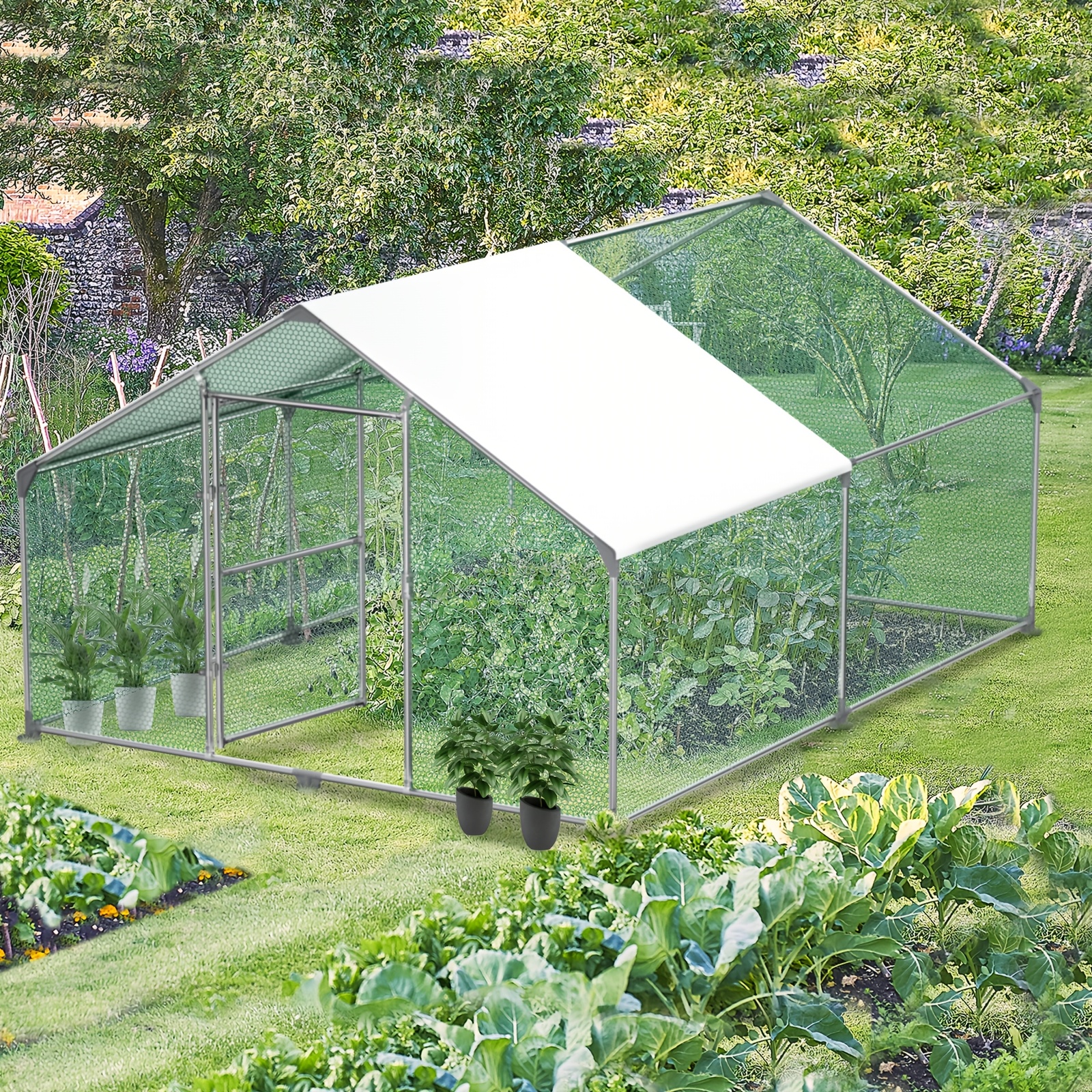 Image of Chicken Coop Free-range Enclosure 3x4x2m Pet Cage Outdoor Enclosure, Galvanized Arched Top Chicken Cage Aviary With Tarpaulin Protective For Pet Enclosure