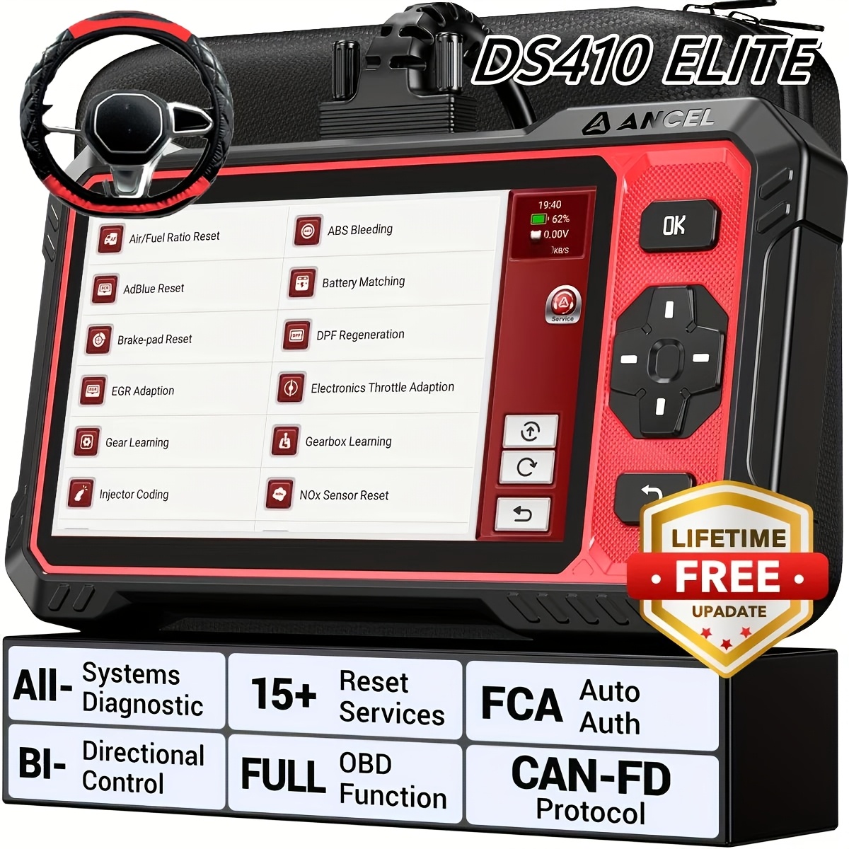 Image of Ancel Ds410 Lite Scanner+steering Wheel Cover: A Diagnostic Tool For All Systems, Including Abs, Srs, And Transmission, Featuring 15+ Reset Services, , Free Updates, And 24-hour Online Support