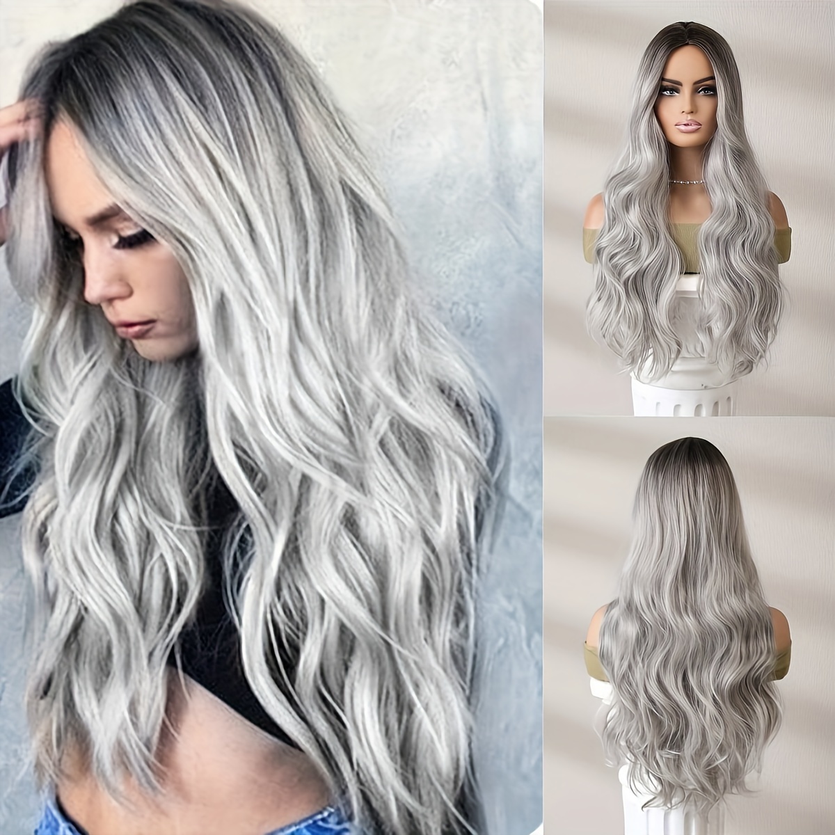 ombre grey wig long curly wavy wig middle part synthetic Temu