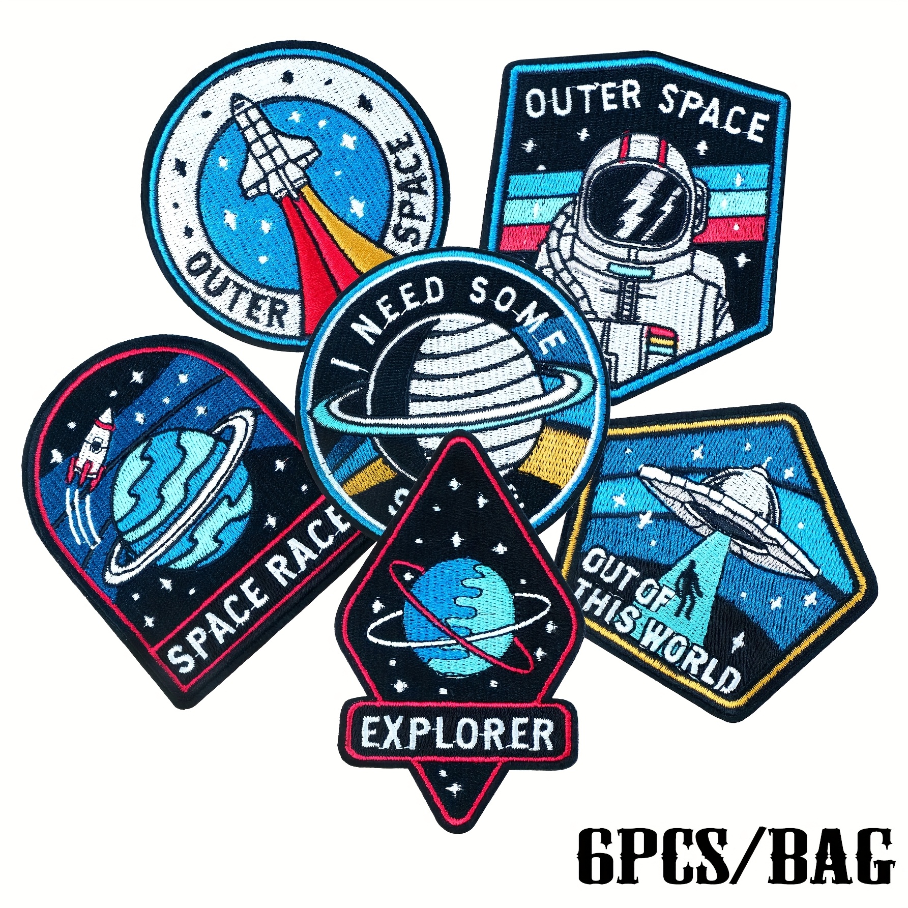 Image of 6pcs Black And Blue/black And White Astronaut Pattern Embroidered Patches, Suitable For Diy Decorative Stickers On Clothing, Shoes, Hats And Bags, Accessories