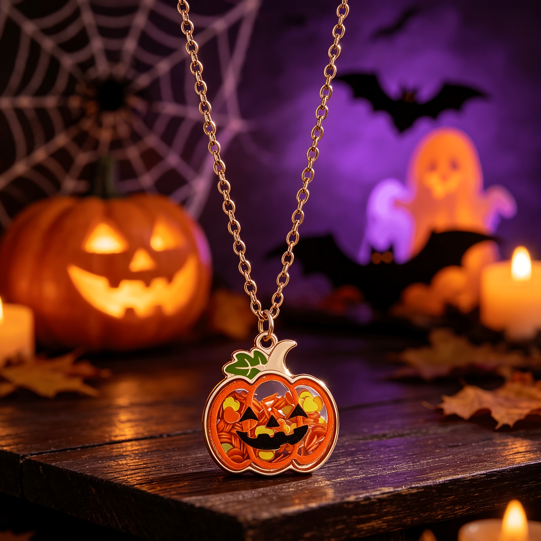 TEMU 1pc Kids Halloween Pumpkin Necklace, Shakable Pendant Filled With Heart Sequins, Friendship Jewelry For Girls, Halloween Party Accessory, Gift