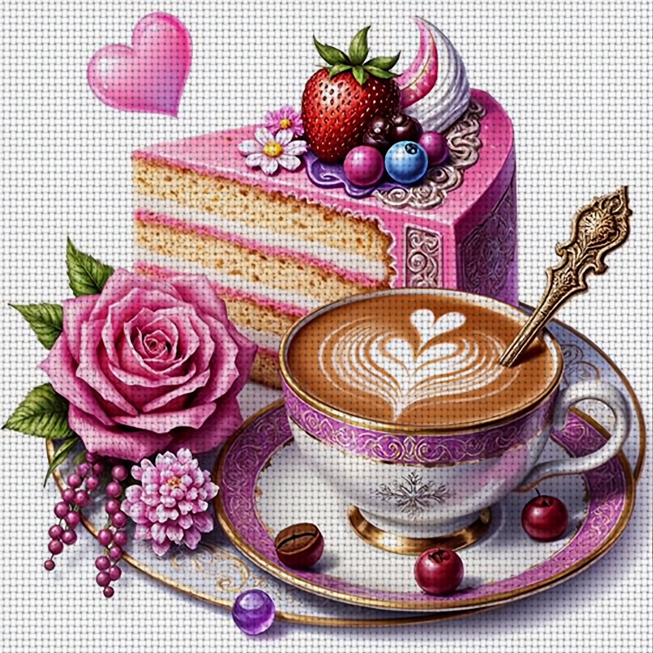 TEMU Kit de broderie point de croix imprimé à soi-, 1 pièce, cadre, motif « Une tasse de café avec un gâteau », parfait pour un moment de loisirs