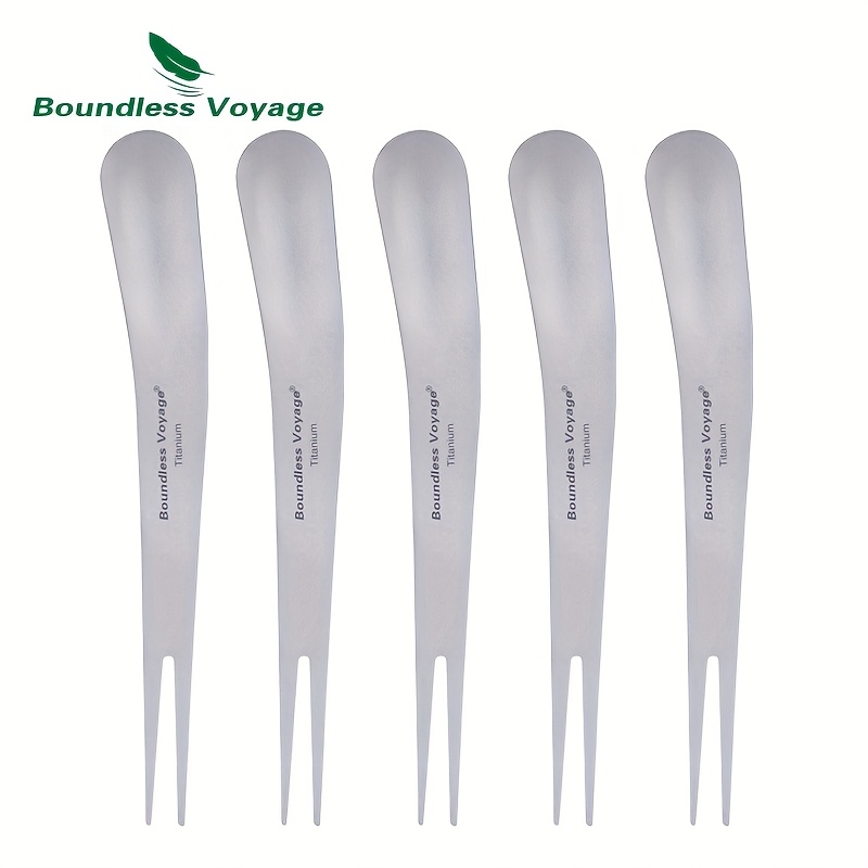 TEMU 5pcs Voyage Pure Titanium Outdoor Fruit Forks, Portable Camping Fruit Picks, Dual-use Dessert Forks And Spoons, 5pcs Set For Home Use