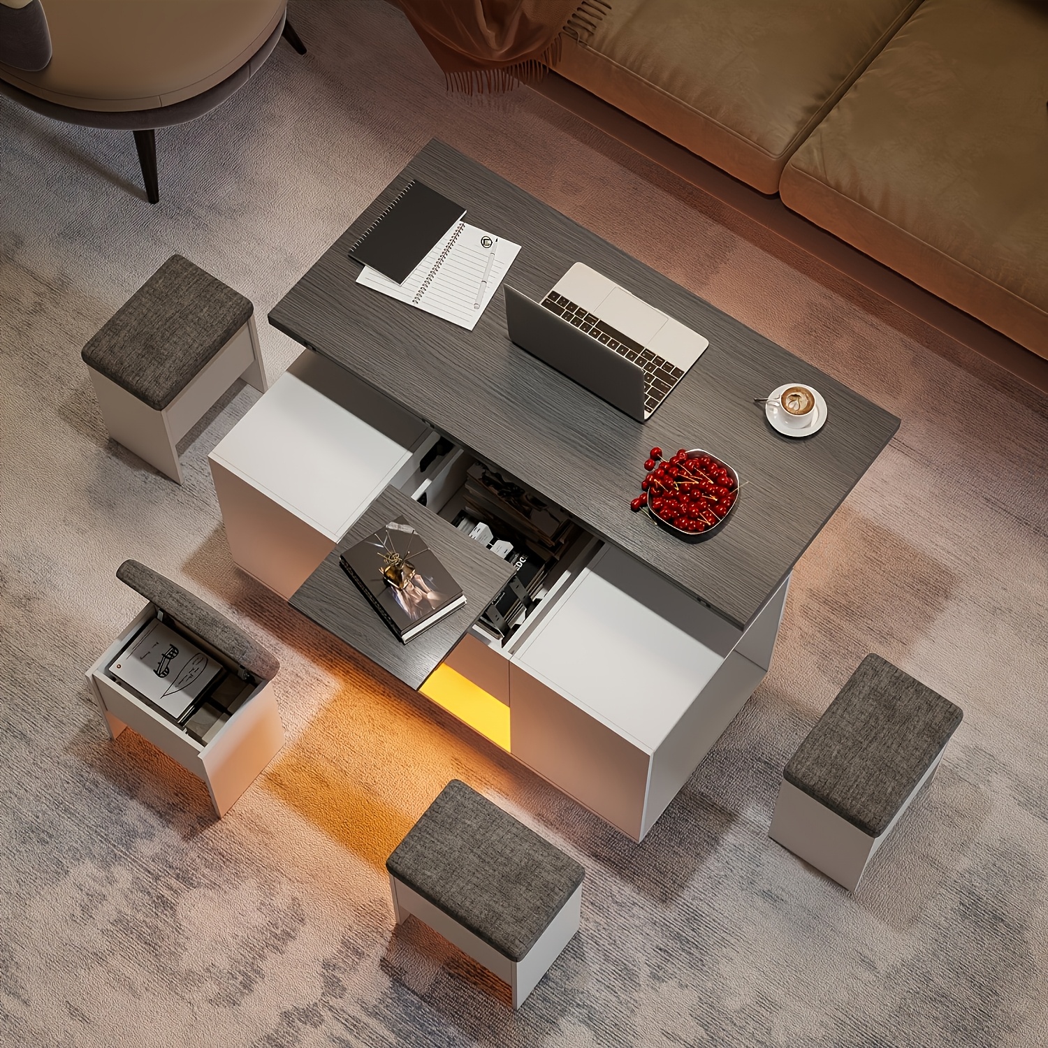TEMU Coffee Table, Adjustable Height Coffee Table, 4-in-1 Multifunctional Living Room Table, Convertible Into A Living Room Dining Table, With 4