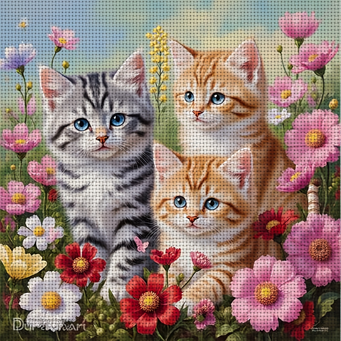 TEMU Un kit de point de croix représentant chats dans un de fleurs, parfait pour les débutants qui veulent profiter d'un moment de détente . Il vous