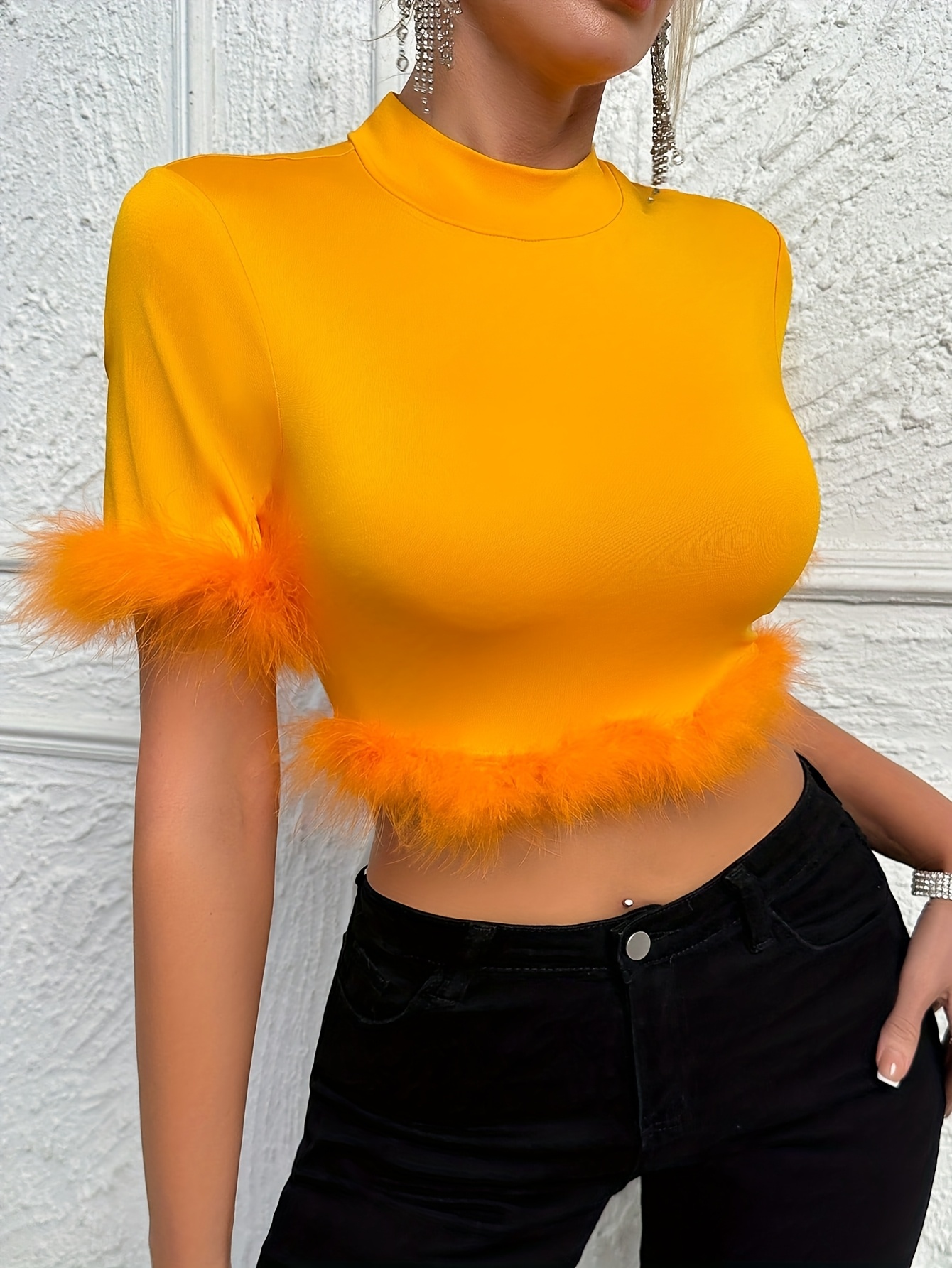 women's elegant crop top t shirt fluffy trim Temu Mauritius