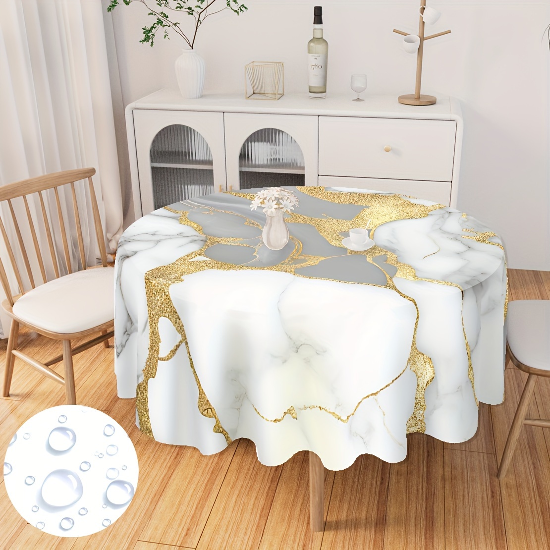 

Easter Polyester Round Tablecloth - Luxury Golden Marble Texture, Waterproof, Stain Resistant, Machine Woven Decorative Cover For Home, Kitchen, Wedding, And Events - 60 Inch