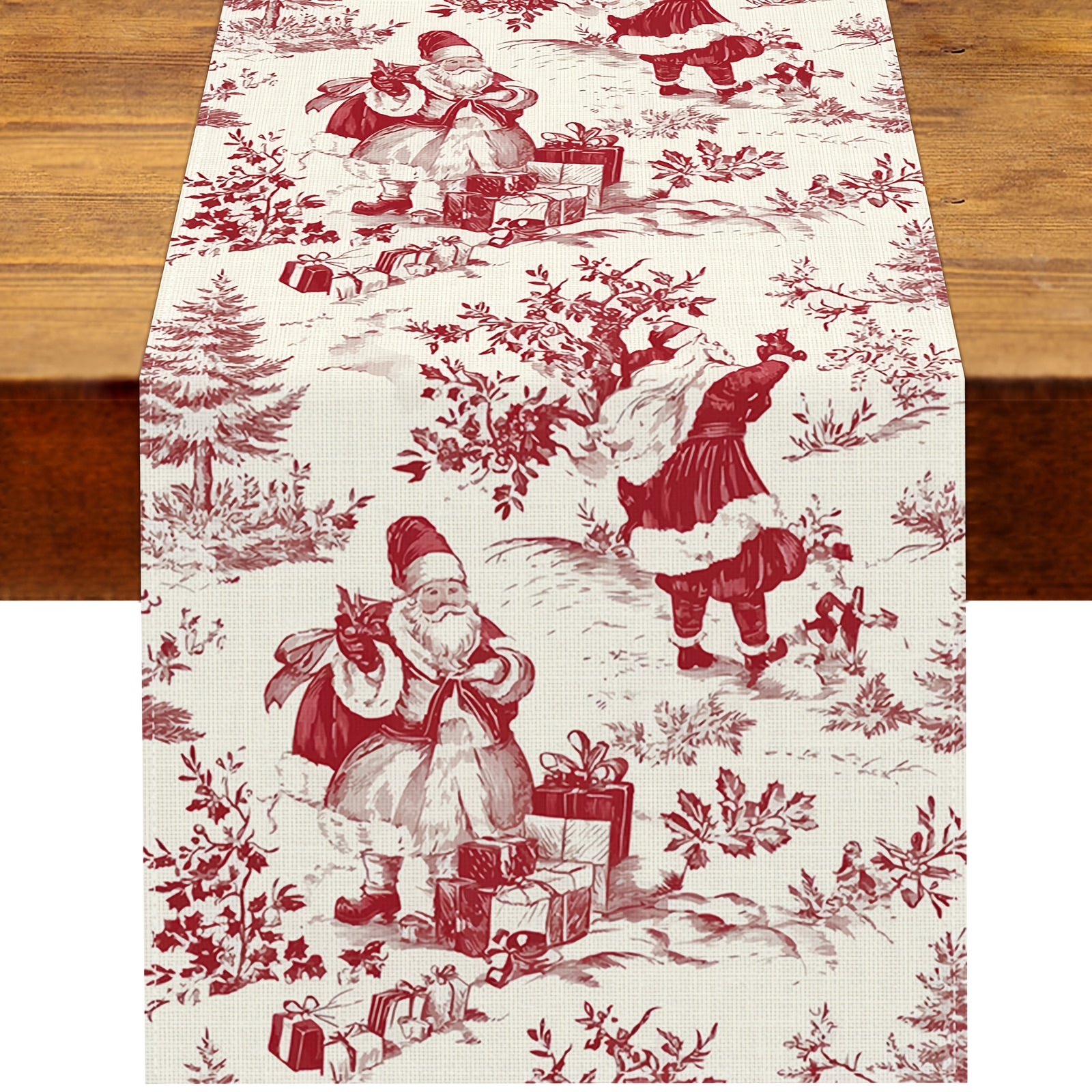 TEMU 1pc, Vintage Christmas Toile Table Runner Chinoiserie Santa Toile De Red Xmas Party Decoration Home Kitchen Dining Room Table Decor13 X 36, 13 X