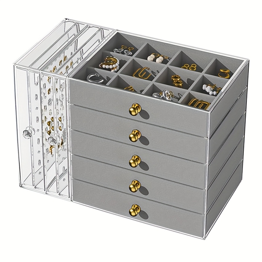 Image of 1pc Earring Holder And Jewelry Organizer, Clear Necklace Organizer Holder With 5 Drawers, Dustproof Jewelry Storage Case With Velvet For Earrings/rings/necklaces (gray), Jewelry Boxes
