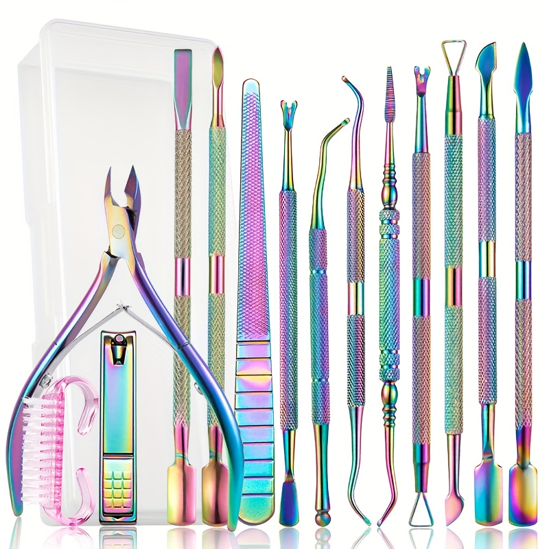 TEMU 14pcs Professional Stainless Steel For Nail Care Kit - Hypoallergenic Cuticle Pusher, For Nail File, Gel Polish Remover, And Manicure Pedicure Tools For Nail Technicians