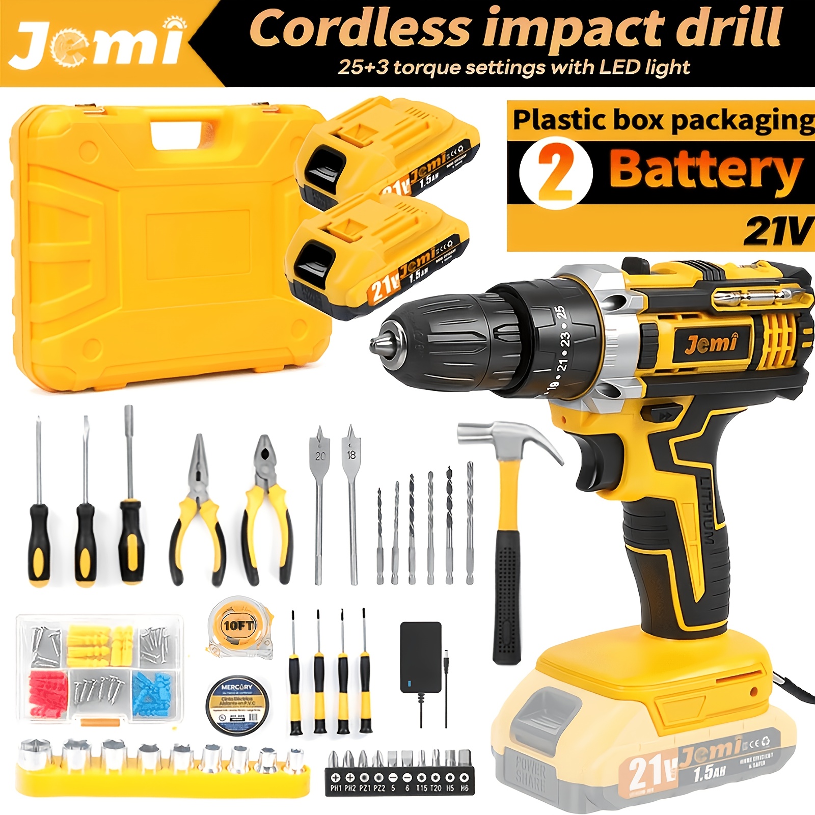 Jemi Tool 21v Electric Screwdriver, Portable Impact Drill, 3-in-1 Electric Drill, With Led Light, 1/2 1.5ah Battery, 45n.m Torque, Suitable For Homework And Other Multiple Purposes