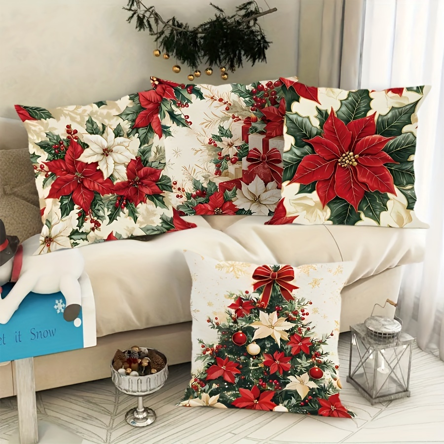 

Ensemble de 4 Housses de Coussin en Velours de Noël - Motif Floral , Fermeture Éclair, Lavable en Machine pour Salon, Chambre, Décoration d'Hôtel - Rembourrage