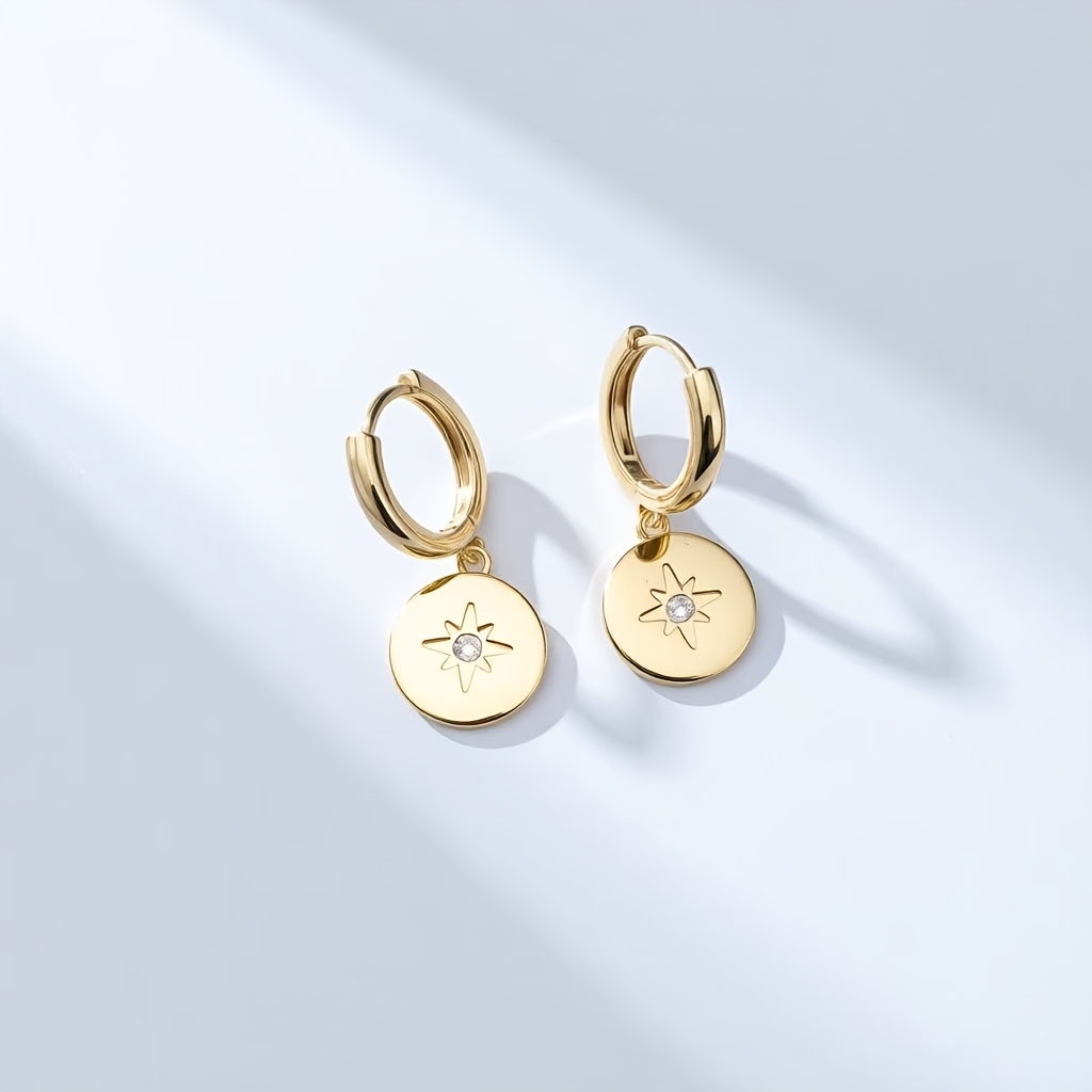 TEMU 1 Paire de Boucles d'Oreilles Femme en Cuivre Plaqué Or 14K avec Charme Étoile à 8 Branches & Zirconia 3A - Boucles Bohème Minimalistes pour