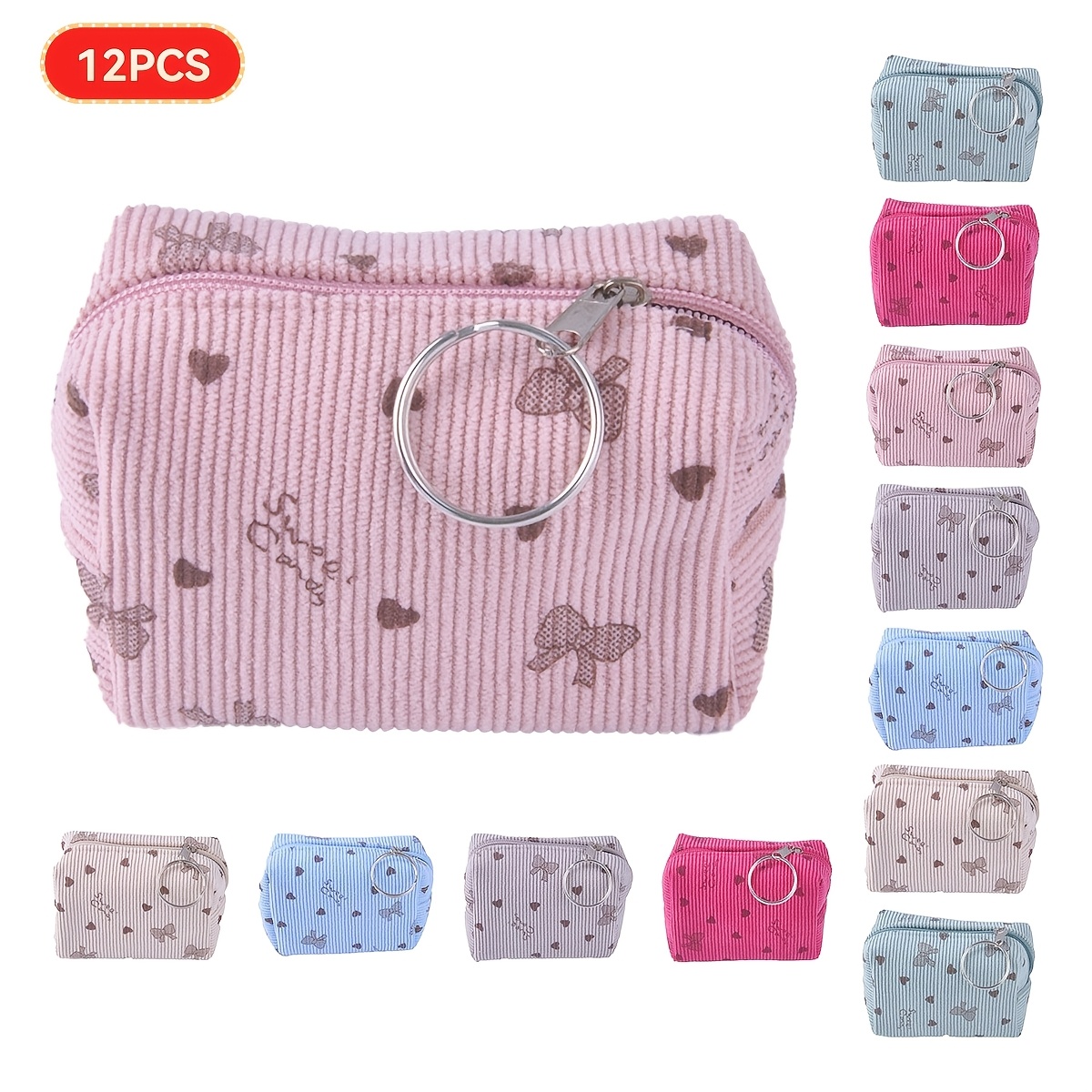 TEMU Travel Wallet, 12pcs Corduroy Square Coin Purse And Card Holder, Bow And Heart Pattern Printed Change Purse, Compact Stylish Multifunctional