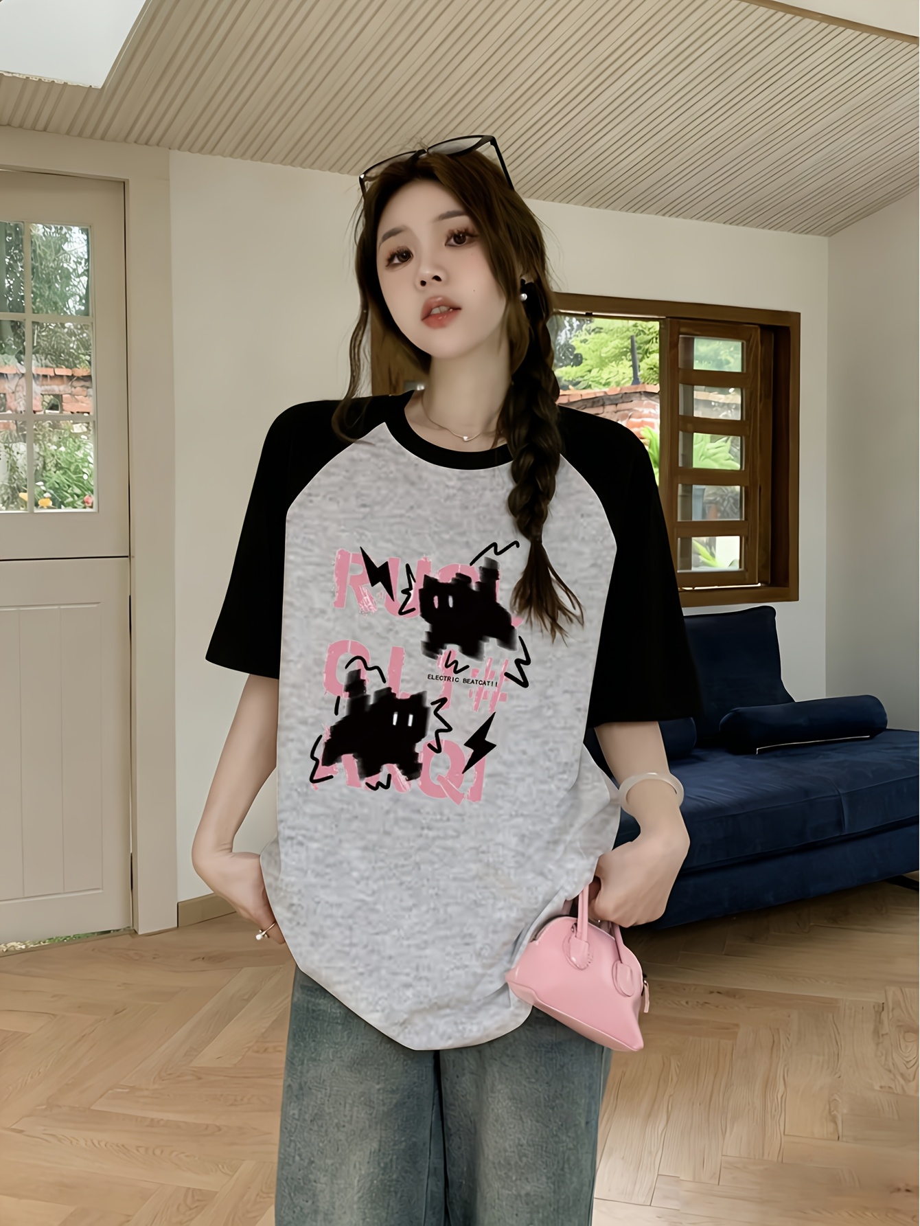 y2k street style a black white raglan t shirt cool - Temu Mauritius