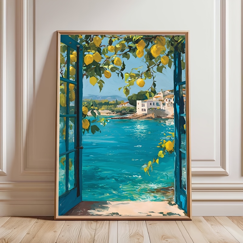 TEMU 2d Flat, 2d Flat, 1pc, Frameless, Mediterranean Lemon Tree Window Scene Print, Wall Decor, Summer Poster, Blue Window Decor, Seaside Landscape